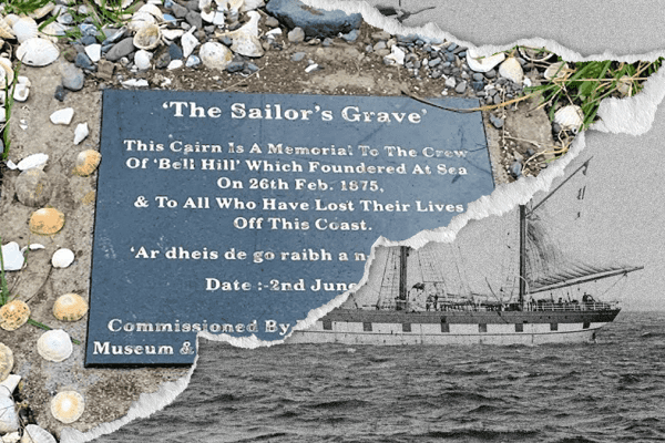 Image of a plaque stating "The Sailor's Grave" atop an image of a barque