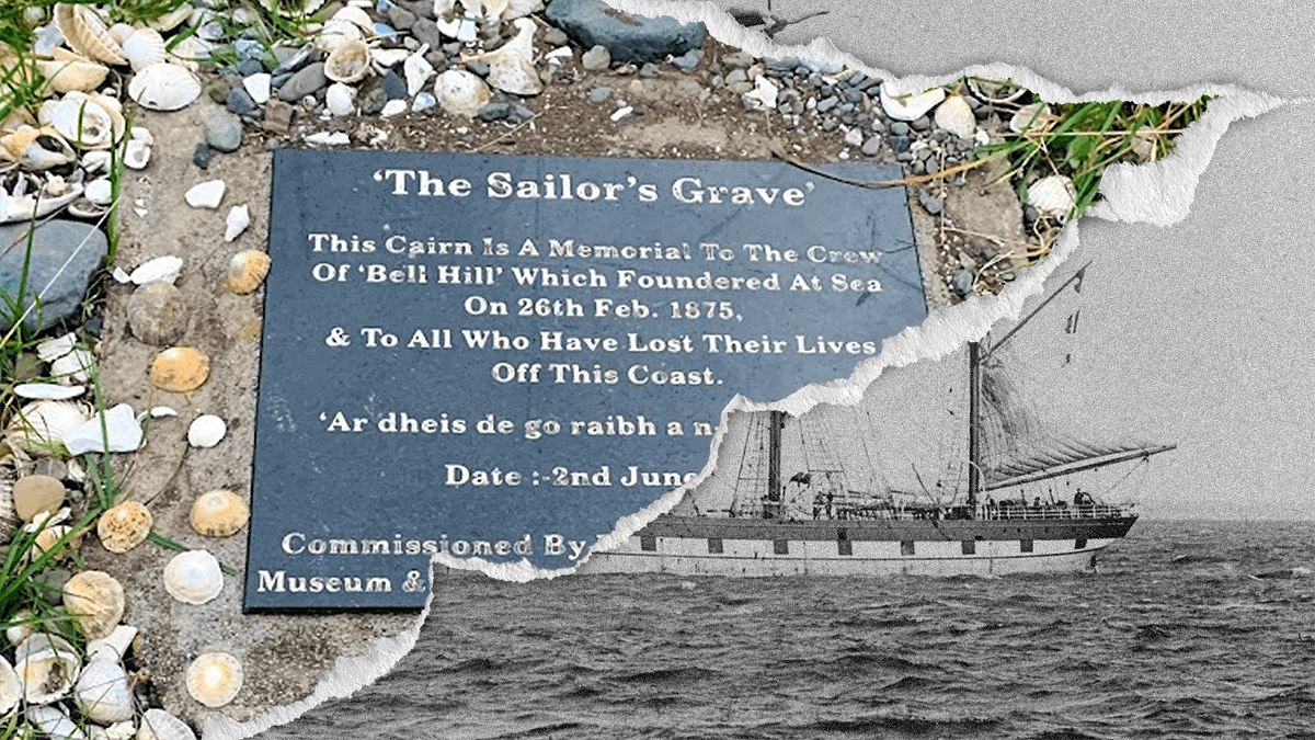 Image of a plaque stating "The Sailor's Grave" atop an image of a barque