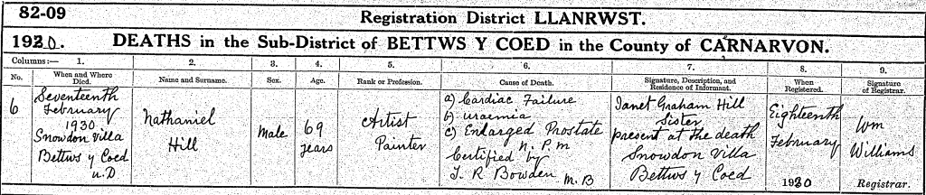 Death registration of Nathaniel Hill.