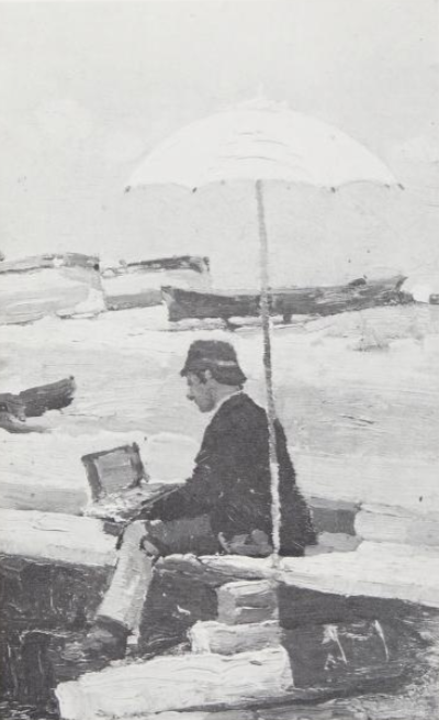 A painting of Nathaniel Hill sitting on a dock under an umbrella at Walberswick harbour, by Walter Osborne.