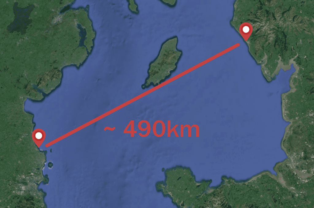 A map highlighting the distance from the location of the wreck of the Bell Hill in Balbriggan to Drigg, England, where Captain Edgar's body was found.