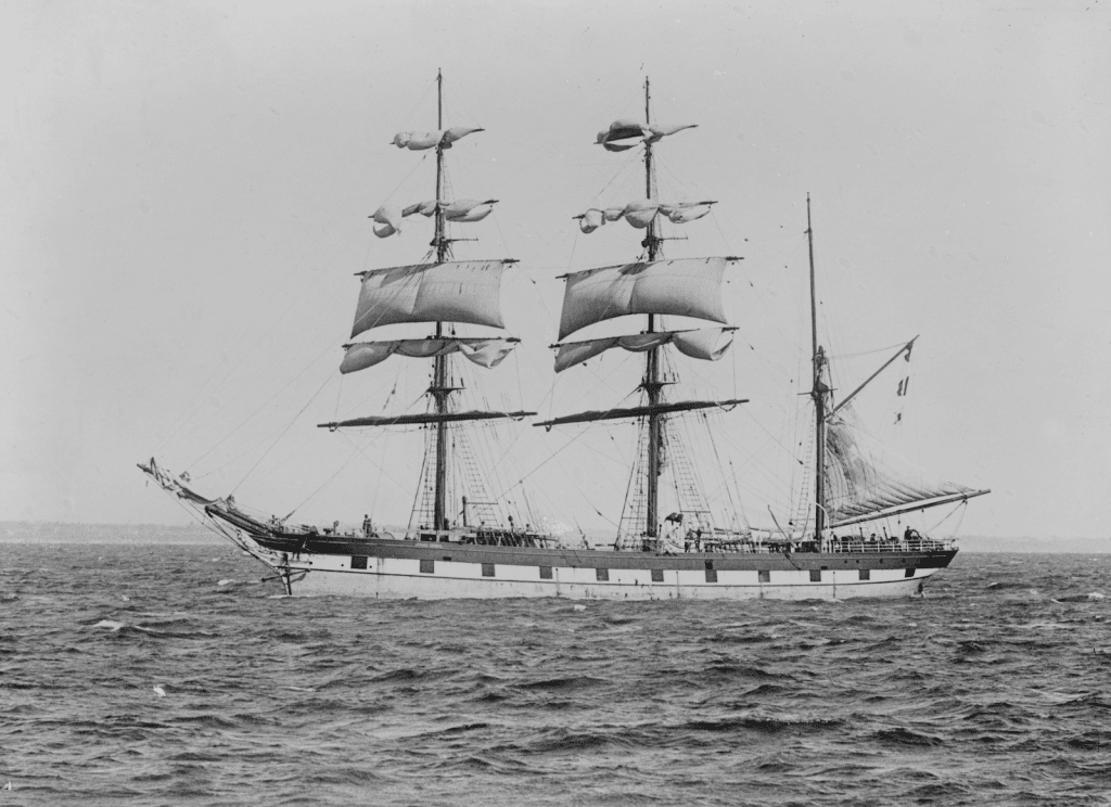 A black and white photo of a tall ship, resembling the Bell Hill barque.