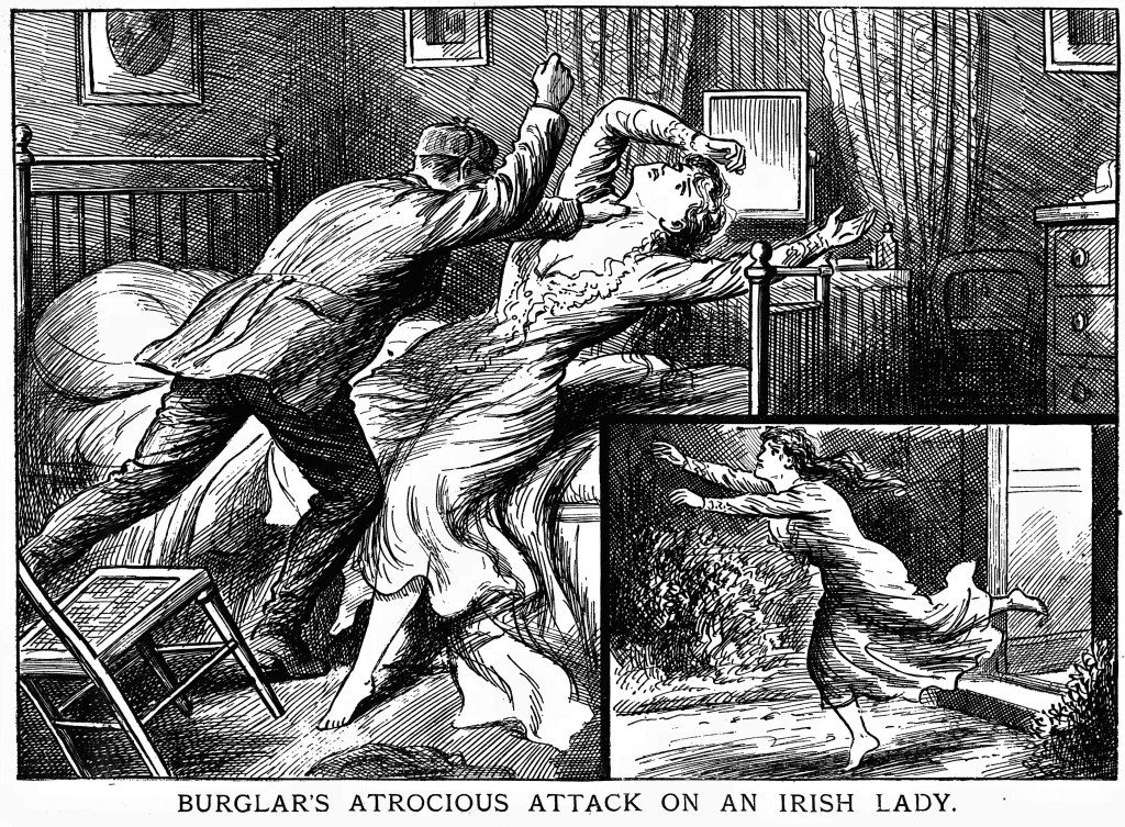 Peter Hynes' attack on Teresa Moore is depicted in a newspaper, including her running from the scene.