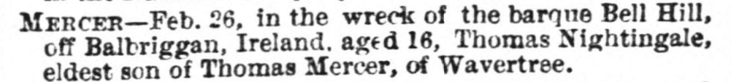 A newspaper clipping announcing the death of Thomas Mercer, an apprentice on the Bell Hill.