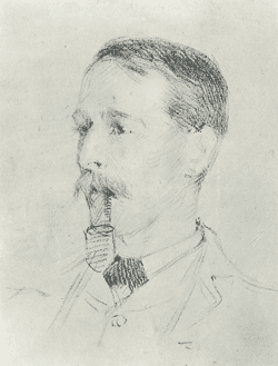 A graphite sketch of Irish artist Walter Osborne with a pipe in his mouth, by Nathaniel Hill.