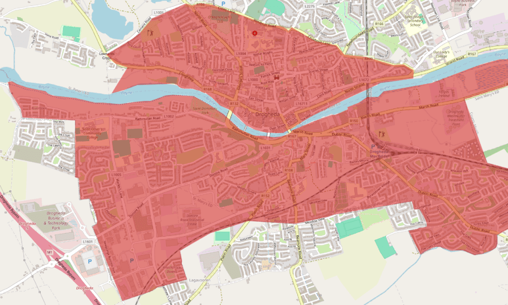 A map highlighting the DEDs of Drogheda from the 1911 Census