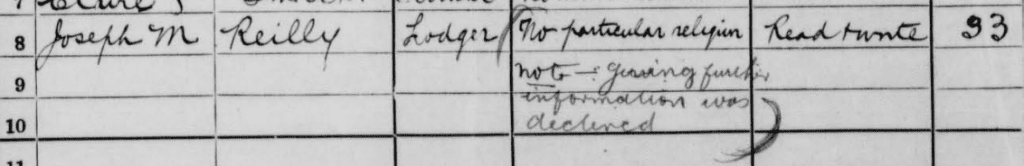 A clipping from a census return showing Joseph M. Reilly as having "no particular religion".