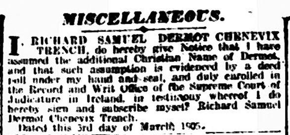 Trench's deed poll in the Irish Times, 15 March 1905