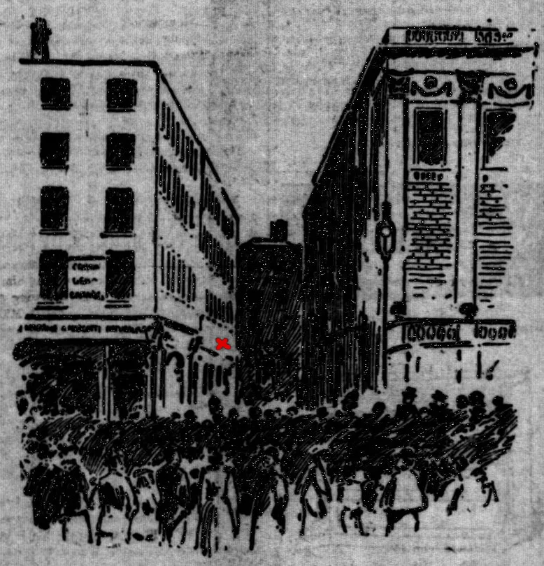 Illustration of the crowd at Exchange Court after the explosion. The Detective Office
 is marked with a red 'X' (from the Dublin Evening Telegraph, 29 December 1892)