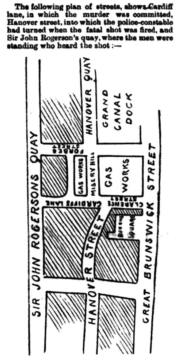 Map of where Patrick Reid was killed
 (from the Evening Herald, 30 November
 1893)